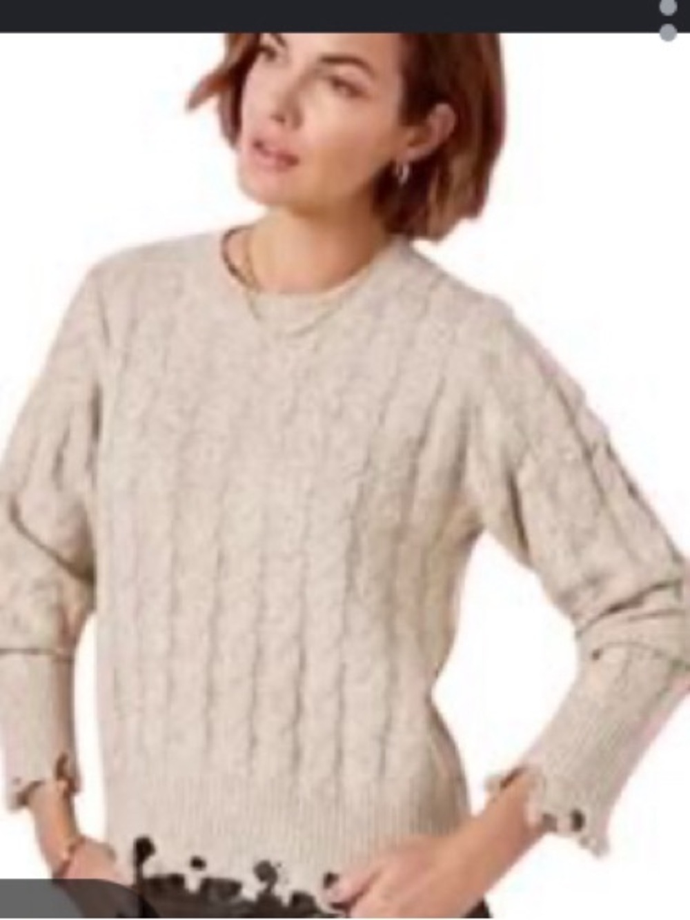Evereve Cable Knit Crewneck Distressed  Sweater - Cream XL